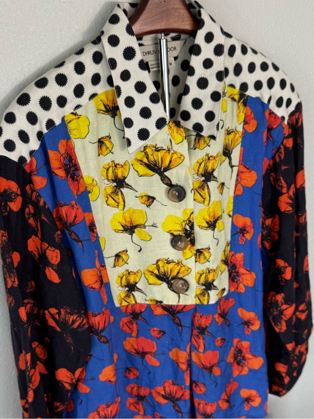 Anthropologie Dhruv Kapoor Coralia Floral Linen Blend Patchwork Shirt Size M - Picture 10 of 13